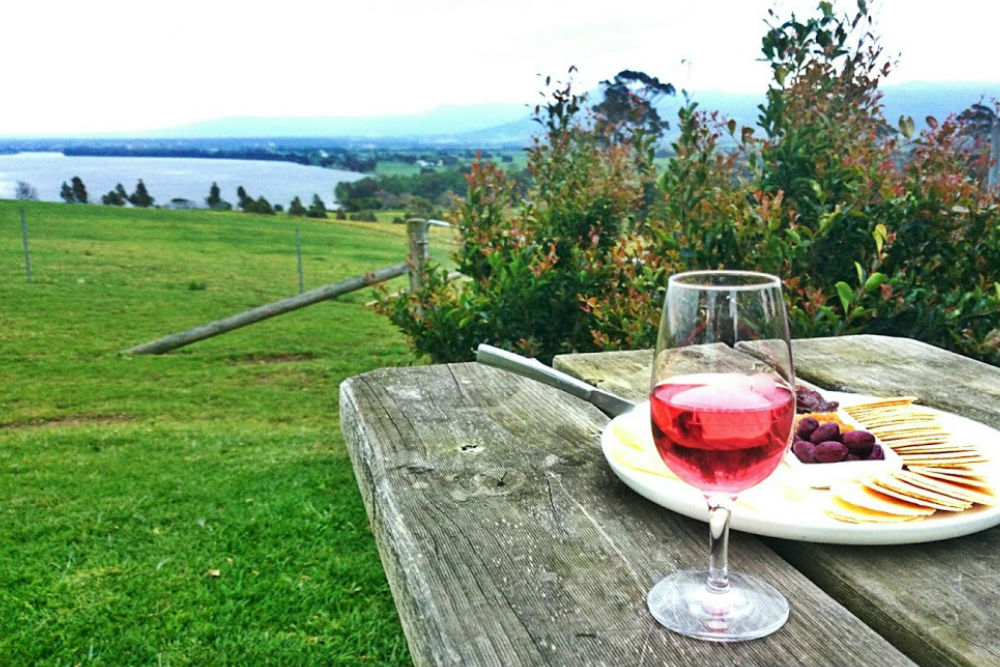 Cheese platter at Two Figs Winery with a glass of wine and the shoalhaven river in the background