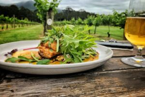 Plate of food in front of rows of grape vines at Cambewarra Estate Winery on a Kenny Escapes Tour